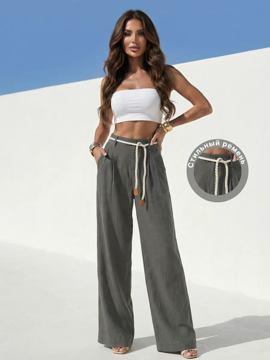 Брюки льняные палаццо широкие летние с поясом