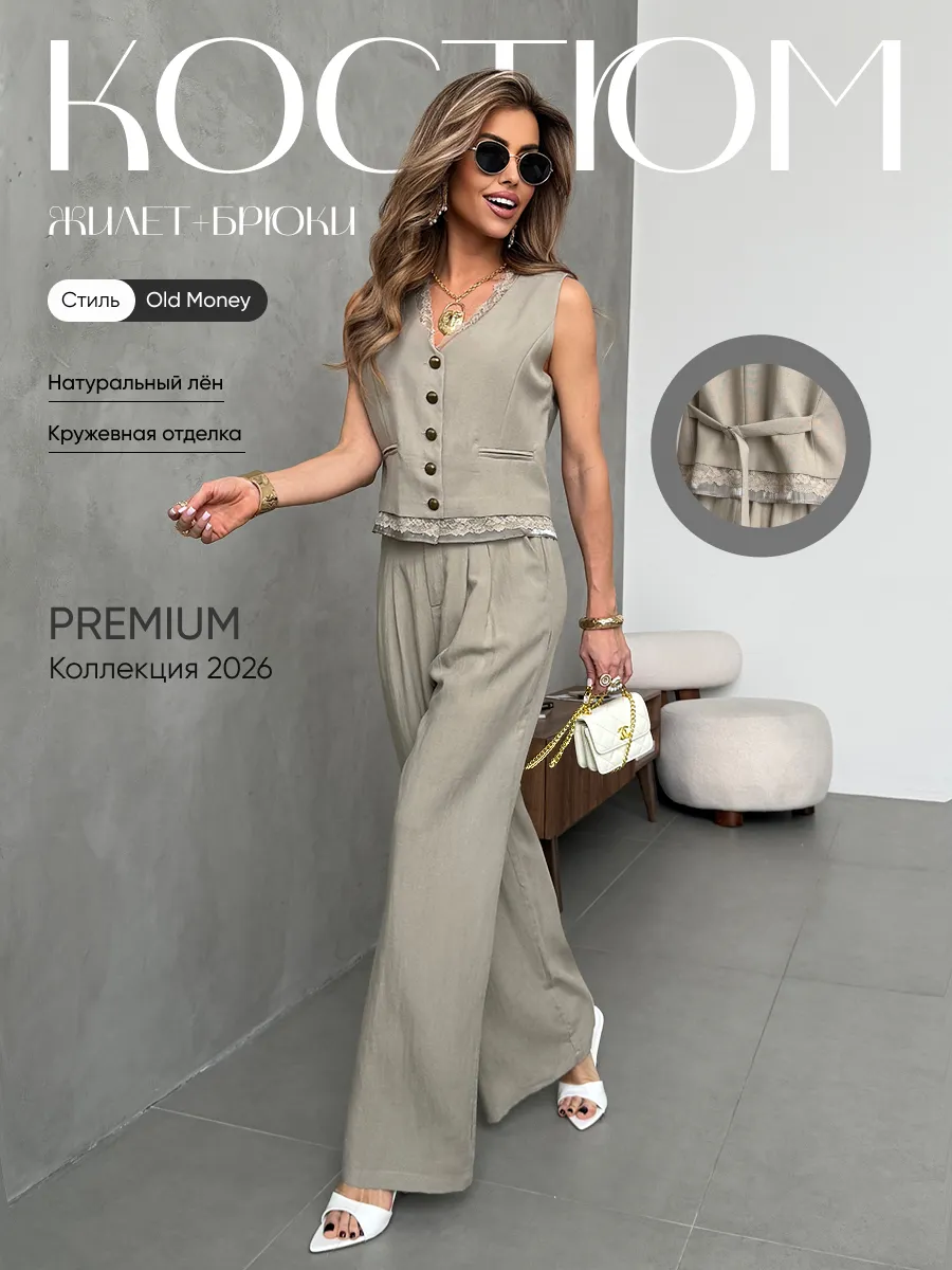 Костюм льняной с жилетом и брюками палаццо