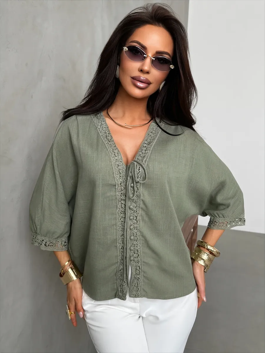 Блузка летняя нарядная с коротким рукавом льняная