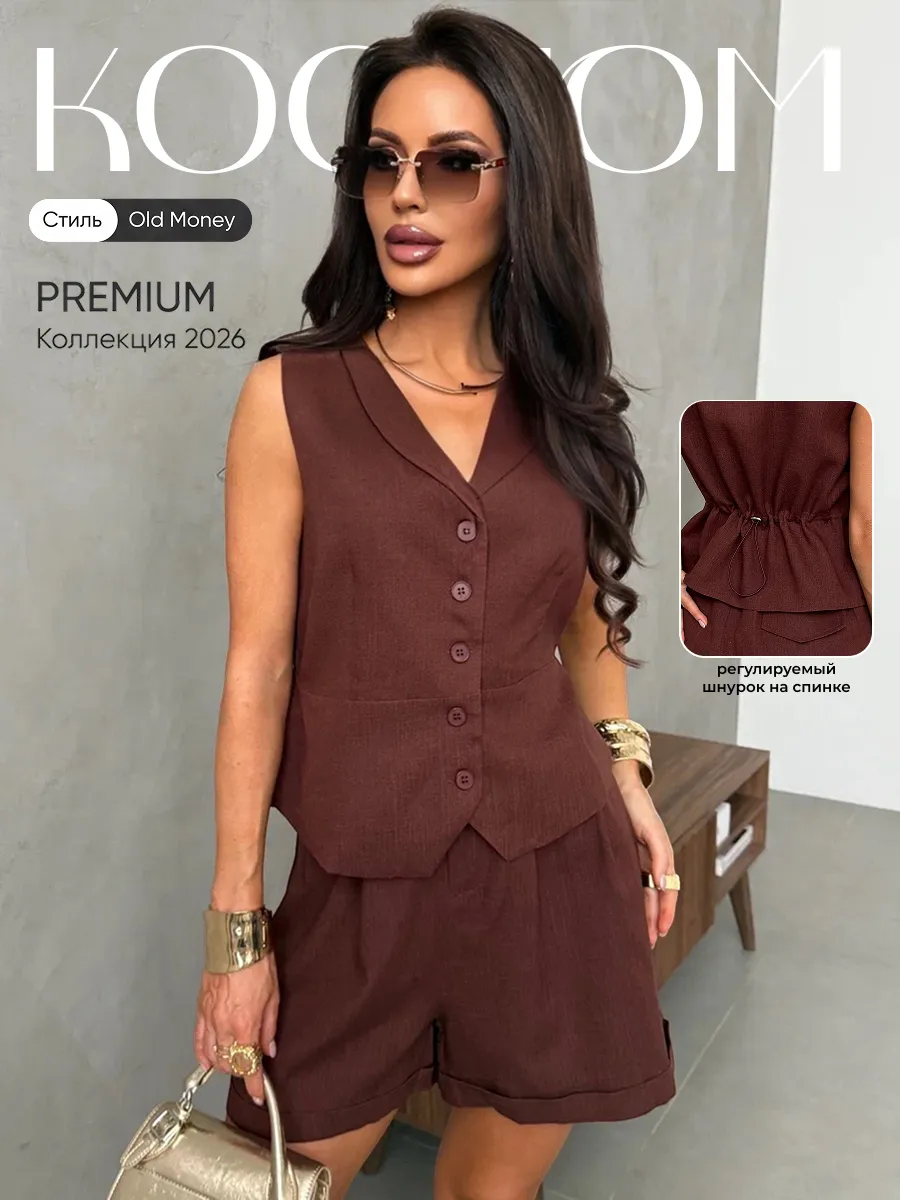 Костюм летний льняной с шортами и жилетом классика