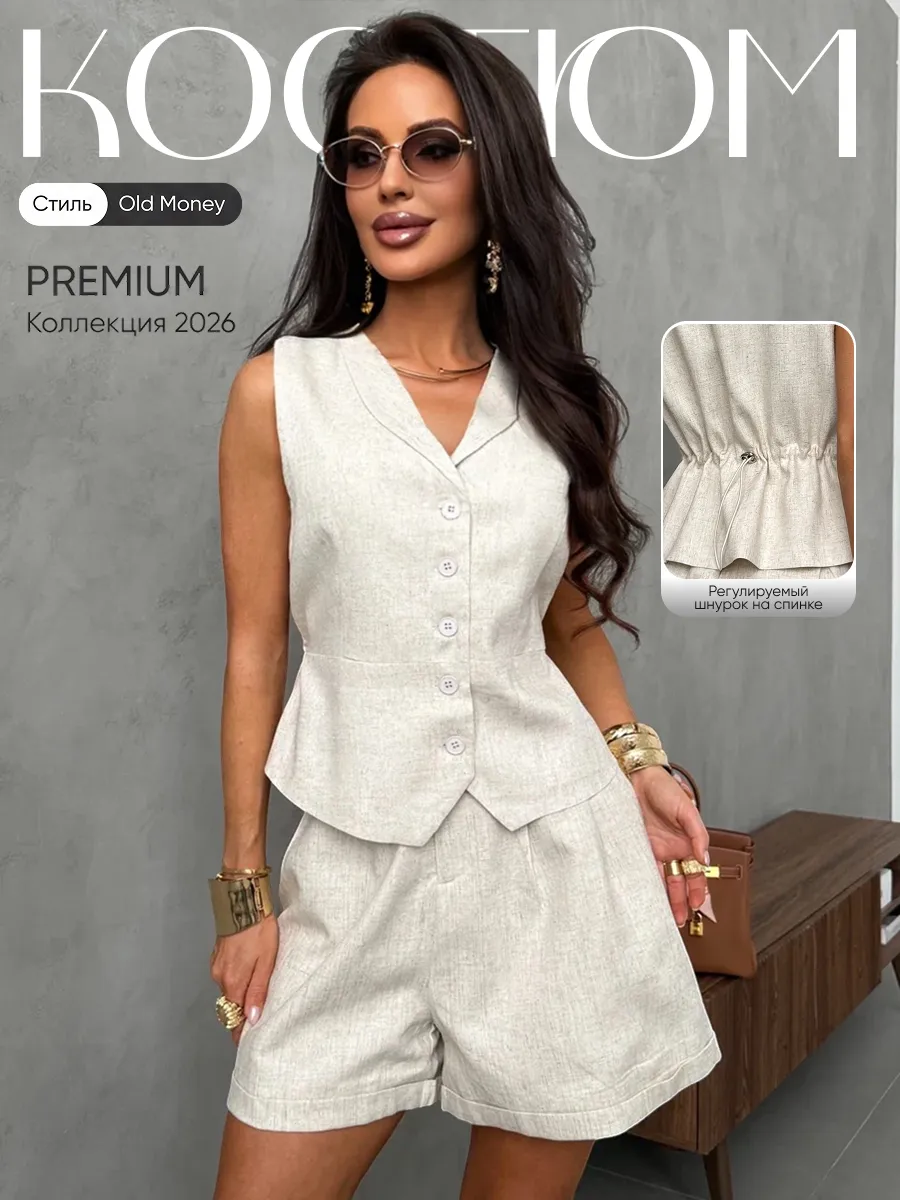 Костюм летний льняной с шортами и жилетом классика