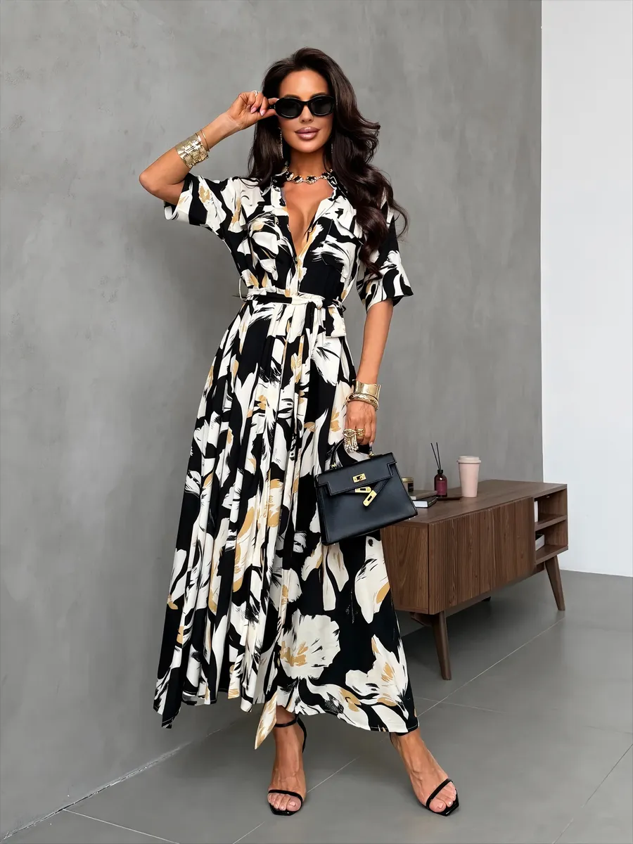 Платье рубашка летнее миди с ярким принтом и поясом