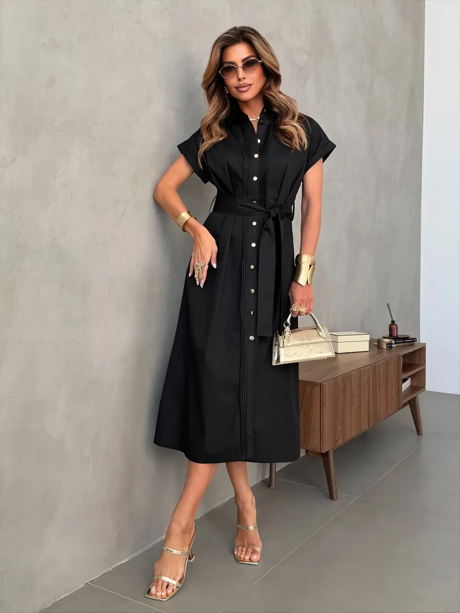 Летнее повседневное платье рубашка с коротким рукавом