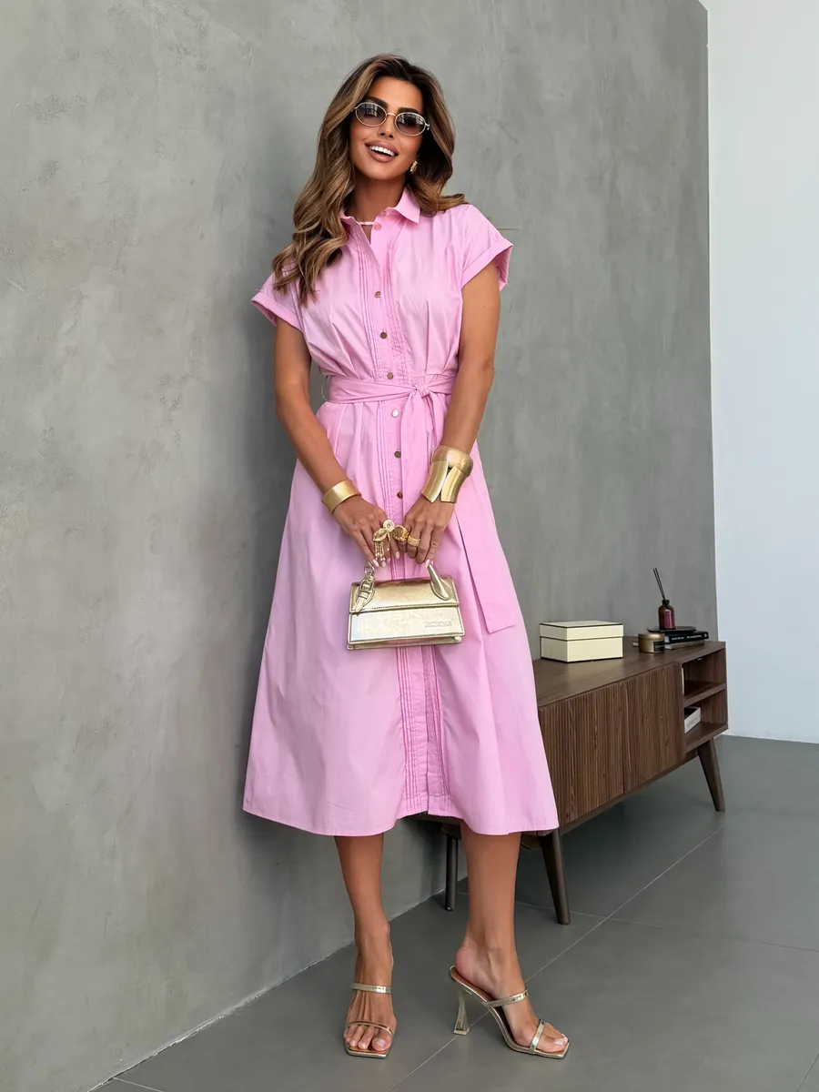 Летнее повседневное платье рубашка с коротким рукавом