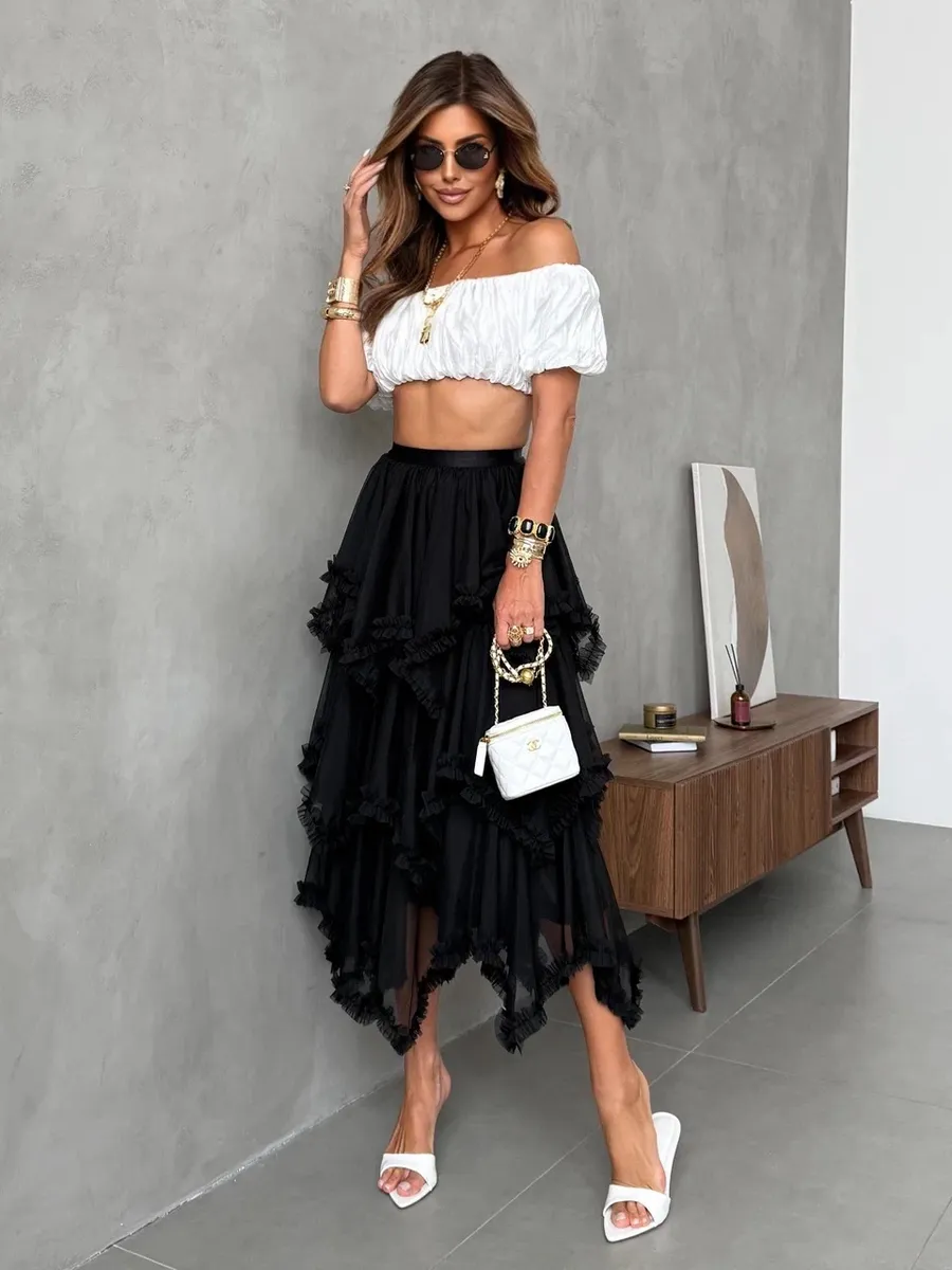 Длинная летняя юбка миди фатиновая асимметричная