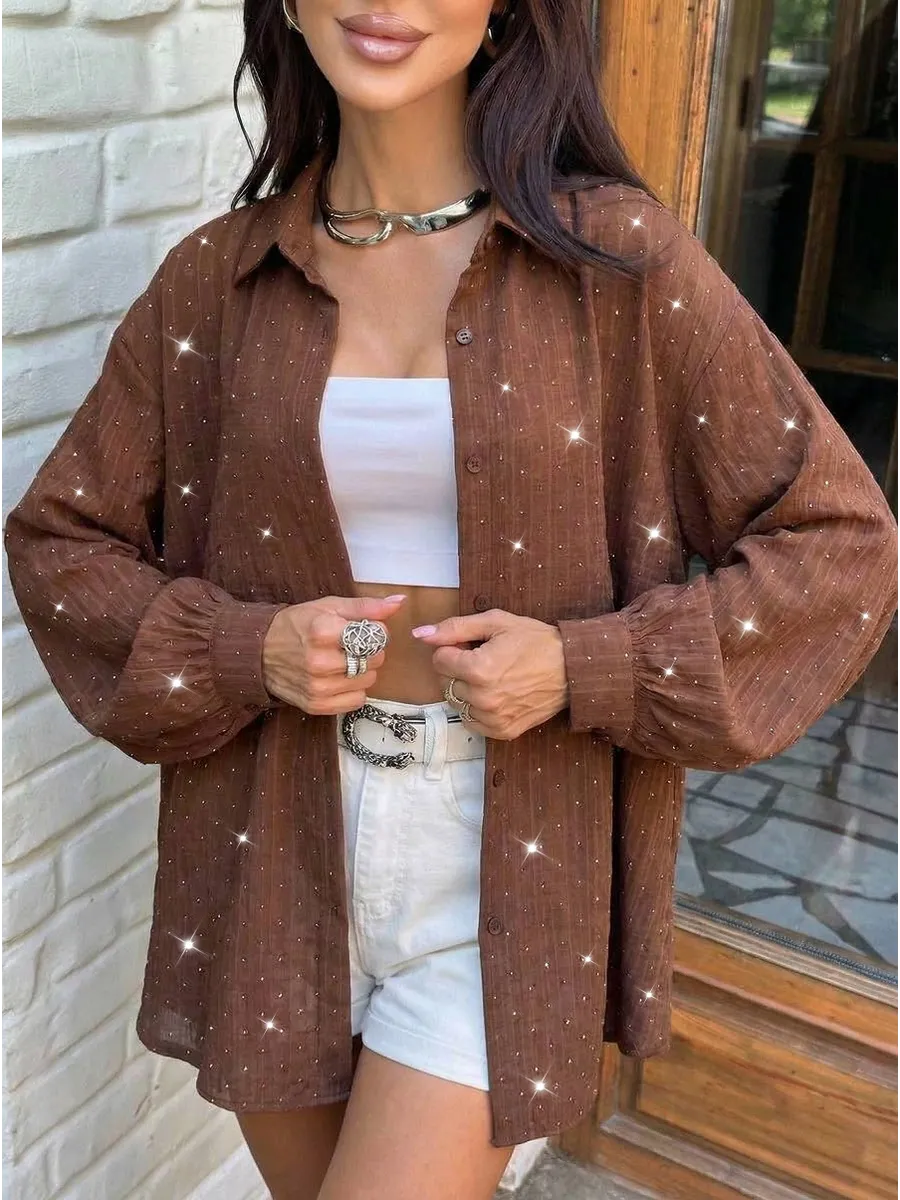 Нарядная рубашка оверсайз со стразами