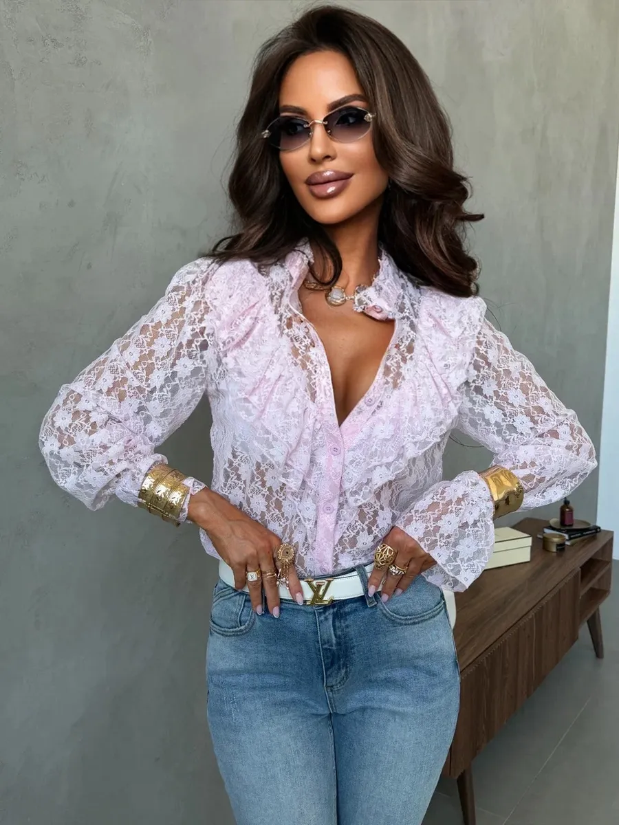 Нарядная кружевная блузка офисная праздничная с воланами