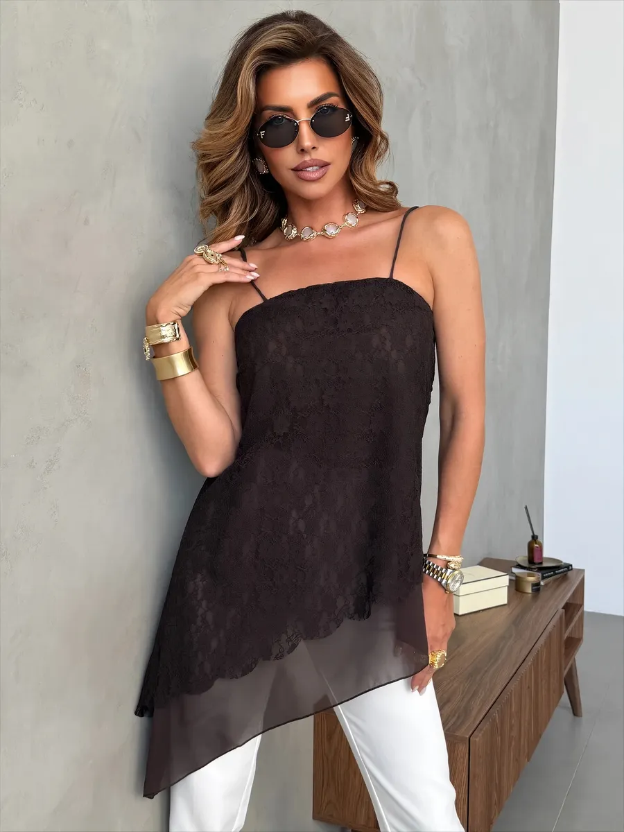 Удлиненный вечерний топ кружевной асимметричный